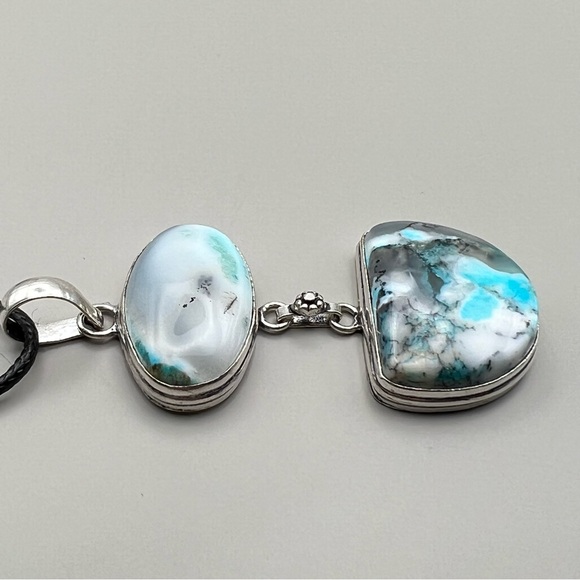 New Blue Enhanced Dendritic Opal Stone Silver Overlay Pendant Necklace w Cord - Picture 7 of 9